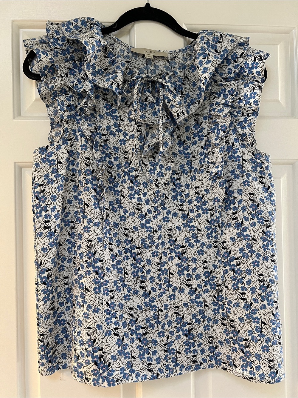 LOFT White and Blue Floral Ruffle Tie-Neck Camisole